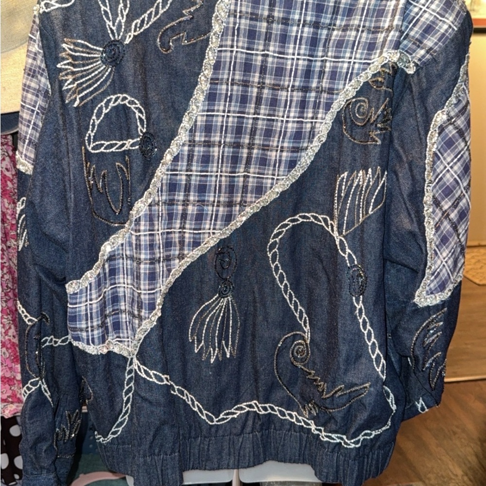 Blue And White Patchwork Jean Jacket With Chain P… - image 3